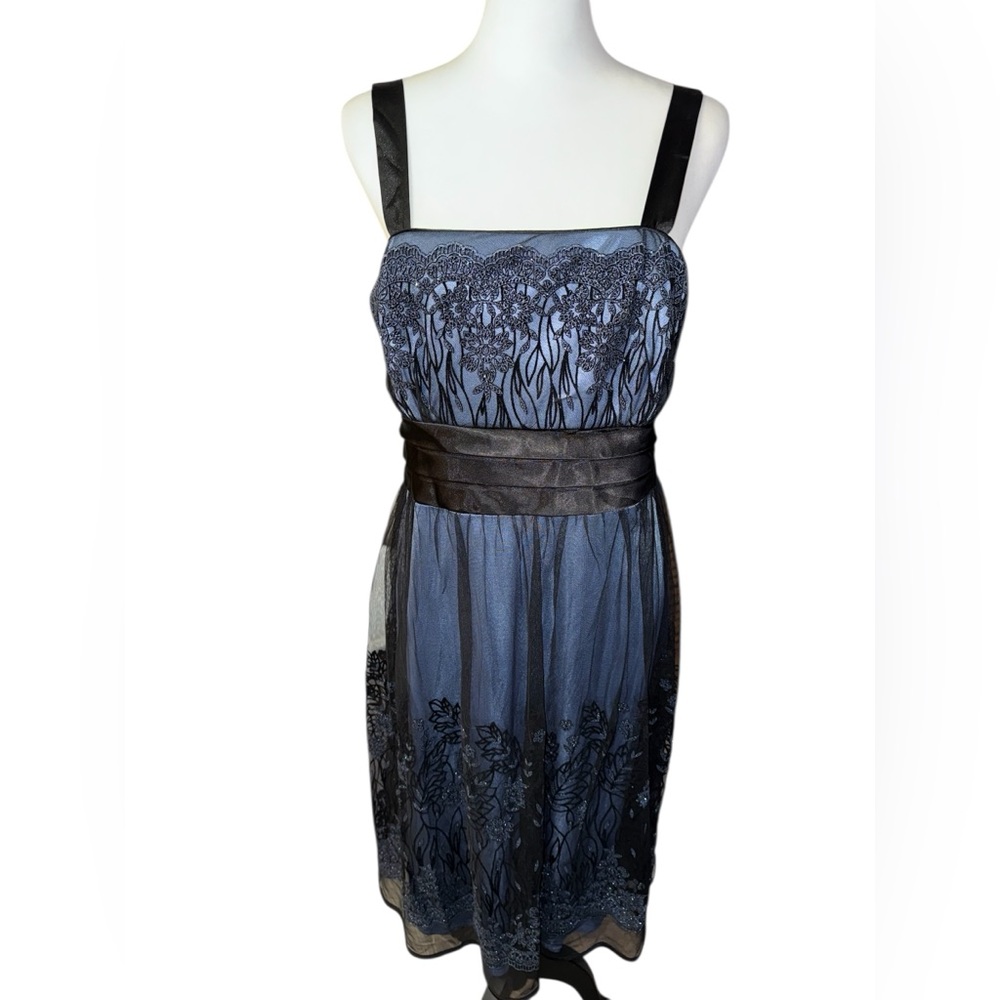R&M Richards navy blue silver black burnout floral dress black waistband 14